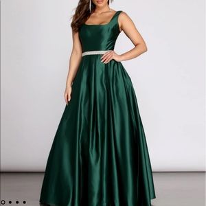 Yenni Satin Rhinestone Trim Ball Gown Emerald Green Windsor prom wedding dress